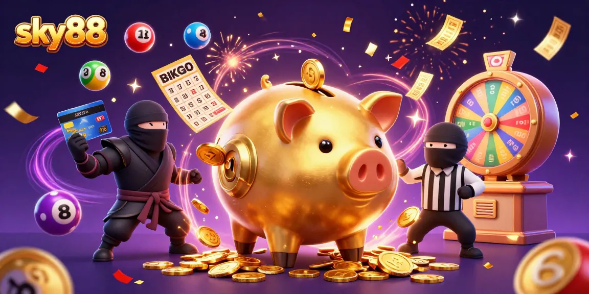 Sky88 showcases an energetic scene with a sumo wrestler and colorful lottery elements in a dynamic casino setting.