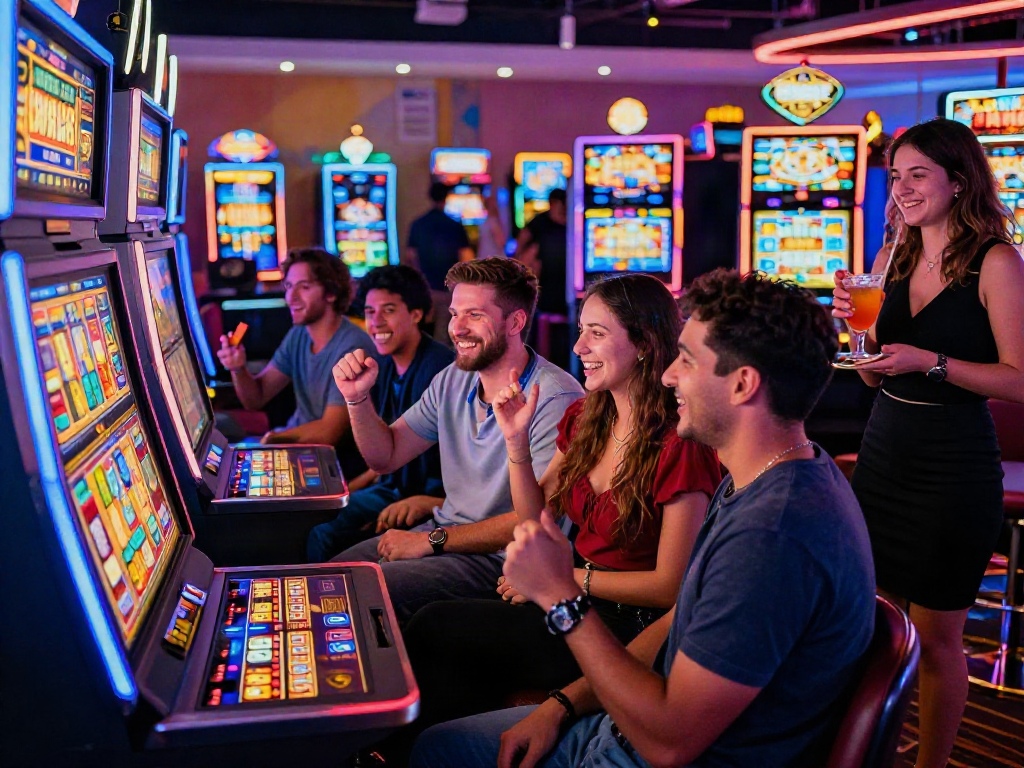 Excited friends celebrating a win at a rokok88 slot machine in a vibrant casino atmosphere.