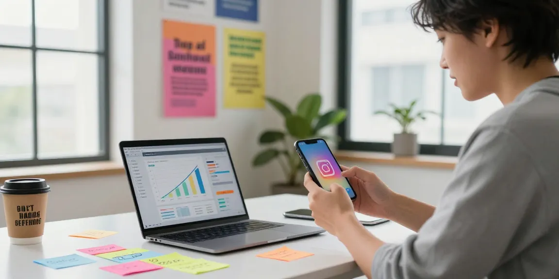 Instagram Views kaufen – Junge Unternehmerin arbeitet an Instagram-Marketing im modernen Büro mit Wachstumsanalysen.