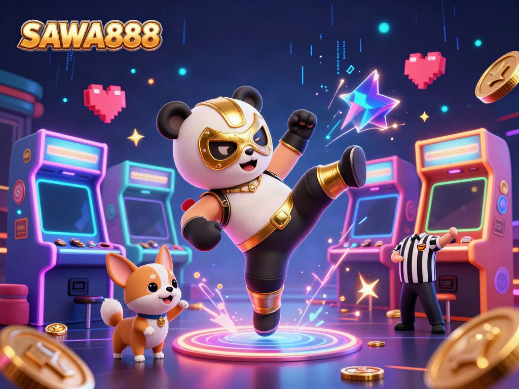 Experience the thrill of gaming at SAWA888 with engaging visuals of a panda wrestler and colorful casino elements.