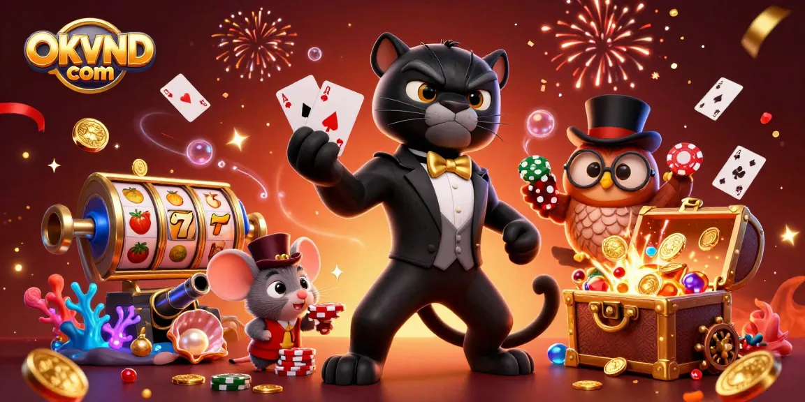 Experience thrilling gameplay with OKVND com, featuring a stylish panther dealer and gaming elements.