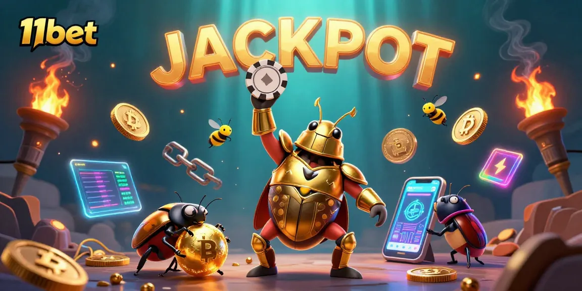 Engage in thrilling gameplay at 11bet with a victorious hero celebrating jackpots and crypto wins.