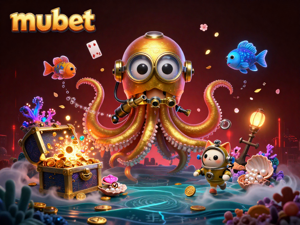 Experience thrilling wins with mubet's vibrant gaming scene featuring a cartoon kraken and diving cat.
