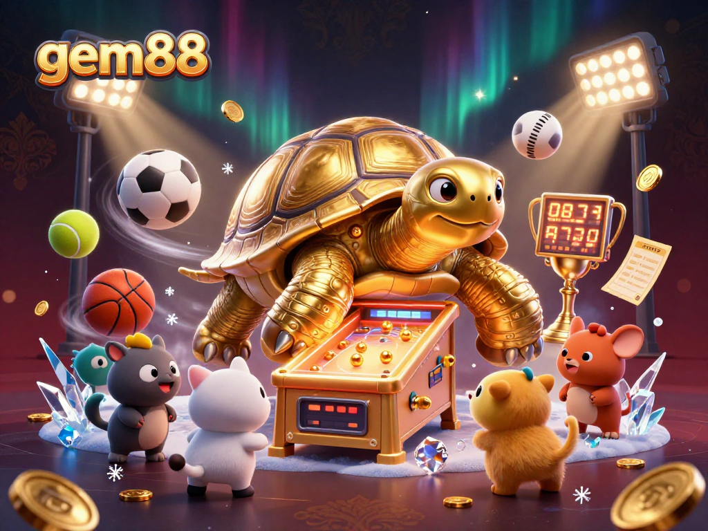 Experience thrilling gaming rewards at gem88 with a golden tortoise pinball machine and lively sports elements.