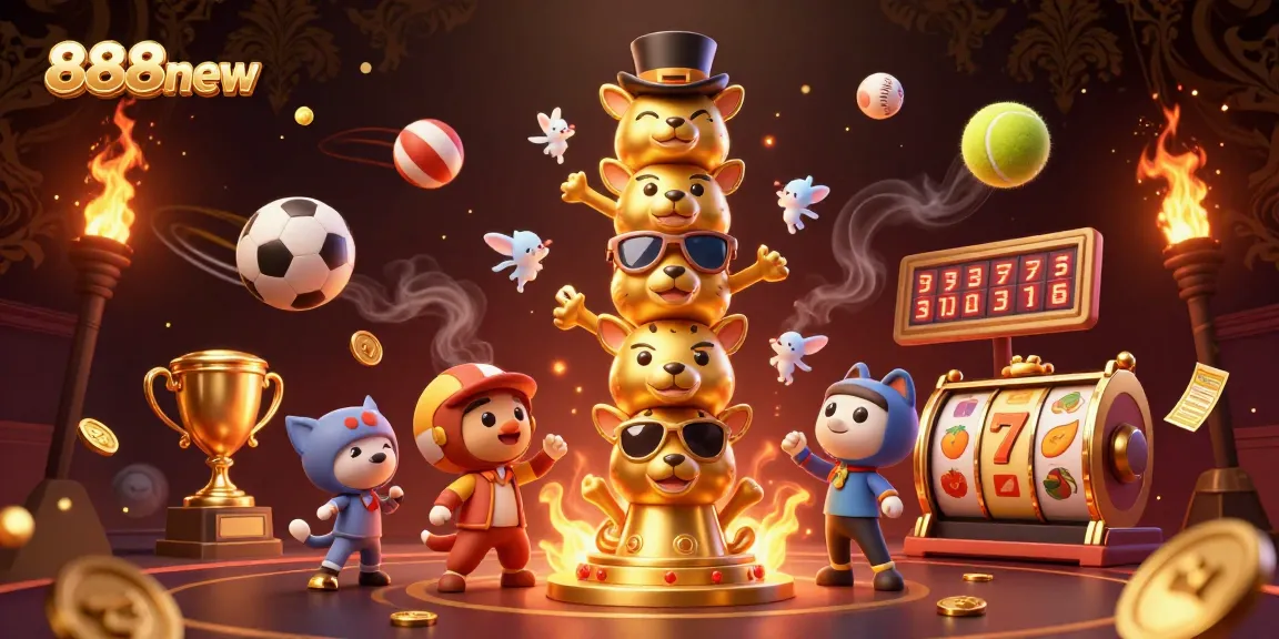 Engage with 888new's vibrant casino world featuring a golden totem and dynamic sports elements.