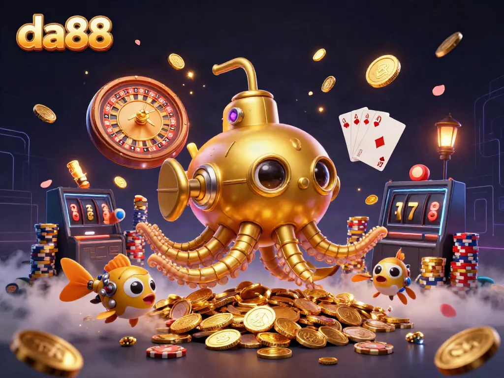 Spin to win at da88 with a 3D kraken submarine and dazzling casino elements!