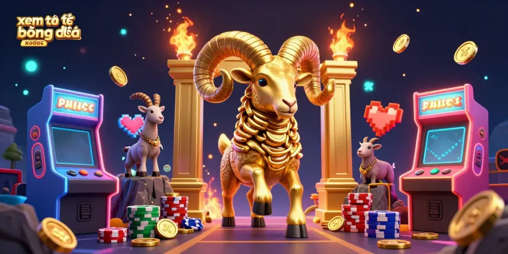 Xem trực tiếp bóng đá xoilac with a vibrant scene showing a golden ram and arcade elements.