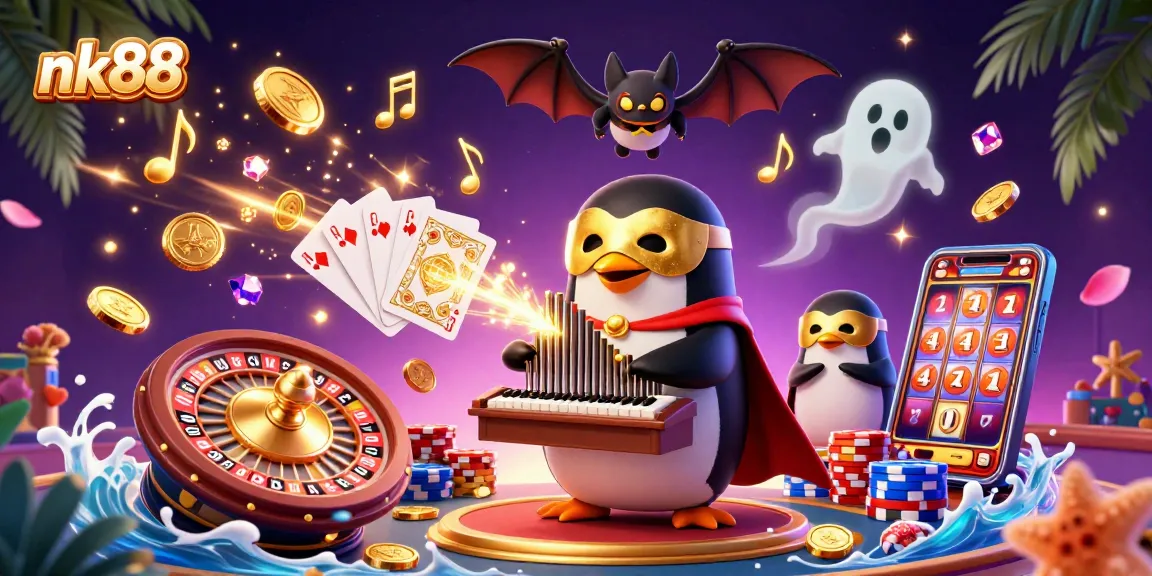 Engage in thrilling casino action with nk88, featuring a phantom penguin and a bat acrobat amidst golden coins and musical notes.