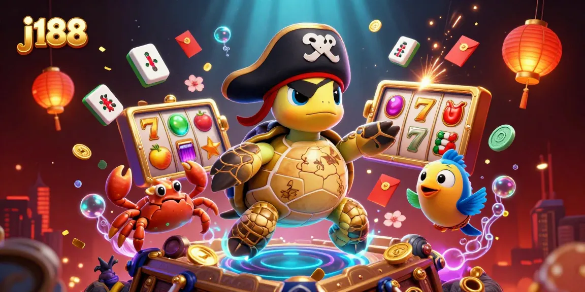 j188 pirate turtle and friends celebrate a jackpot with slot reels and festive casino elements.