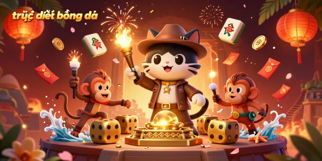 Experience trực tiếp bóng đá with a vibrant 3D scene of an explorer and monkey discovering casino treasures.