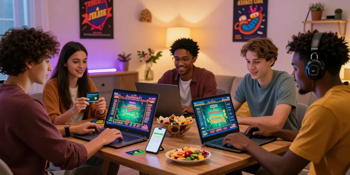 Freunde genießen ein Online-Paysafe-Card-Casino-Erlebnis in einem lebhaften Wohnzimmer.