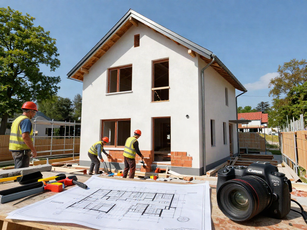 Hausbau Wien: Arbeitende Bauarbeiter beim Errichten eines neuen Hauses mit Bauplänen und Werkzeugen.
