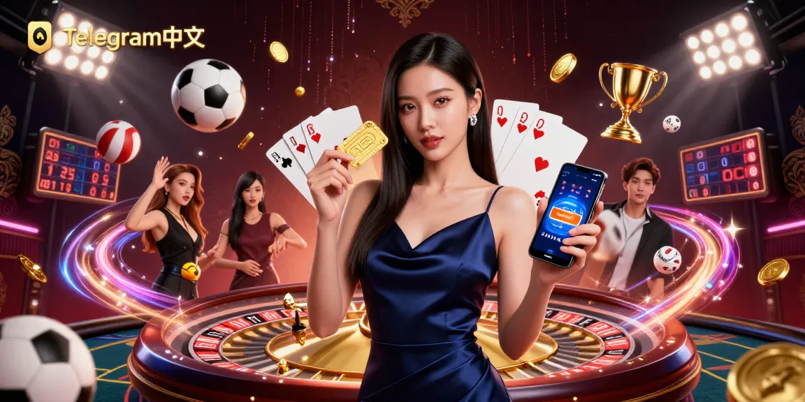 在一个充满动态的赌场场景中,展示一个自信的女性手持智能手机与游戏元素互动的Telegram中文。
