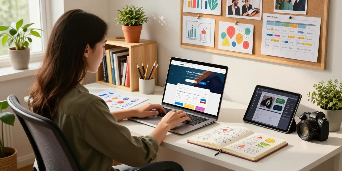 Webdesign-Freelancer arbeitet an einem modernen Schreibtisch, umgeben von Designskizzen und -tools in einem hellen Arbeitsbereich.