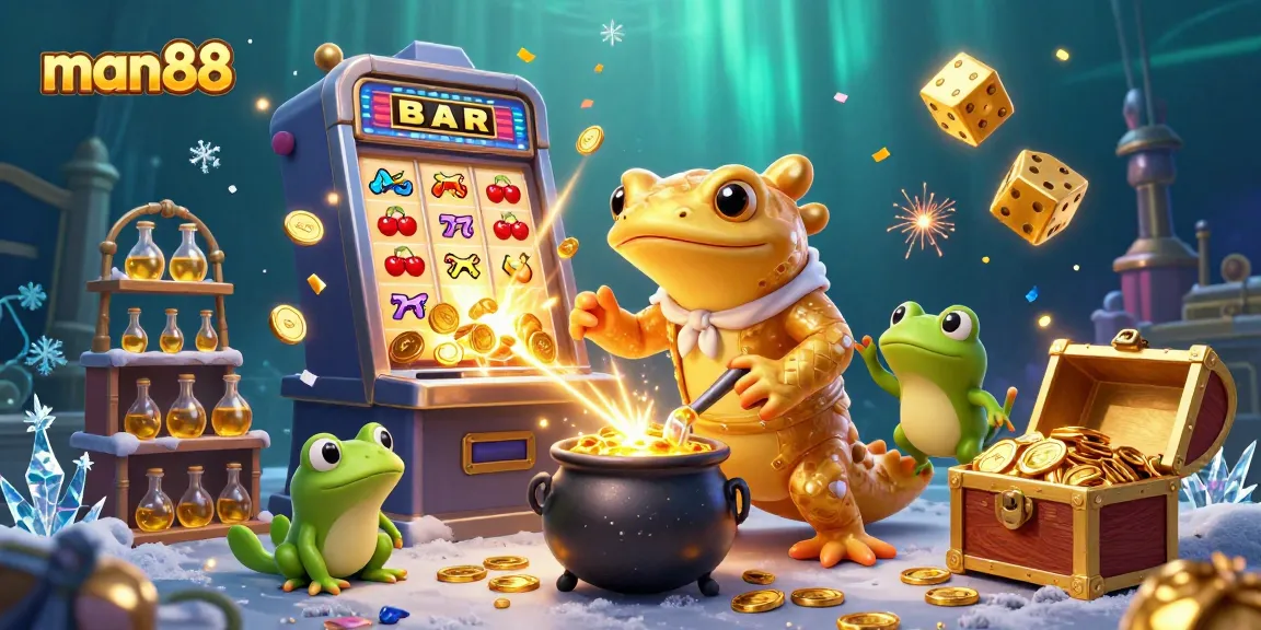 Experience the magic of man88 as the golden salamander alchemist transforms metals into coins in a vibrant casino scene.