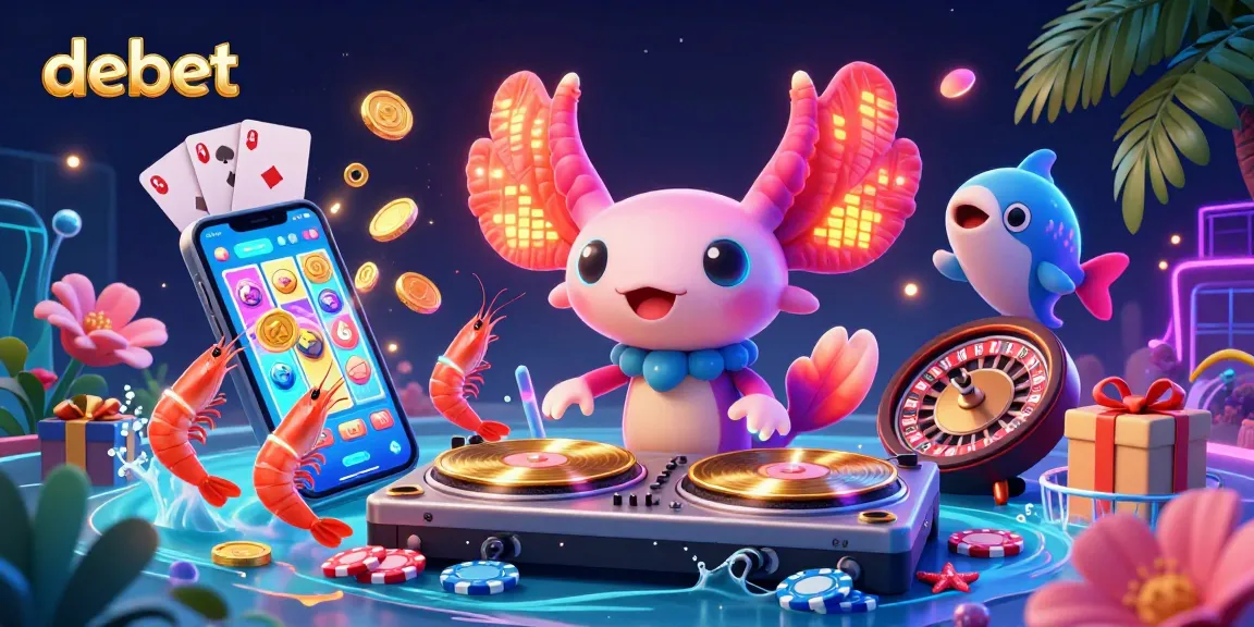 Engage in high-stakes excitement with debet as an axolotl DJ spins neon delights amidst glowing casino elements.