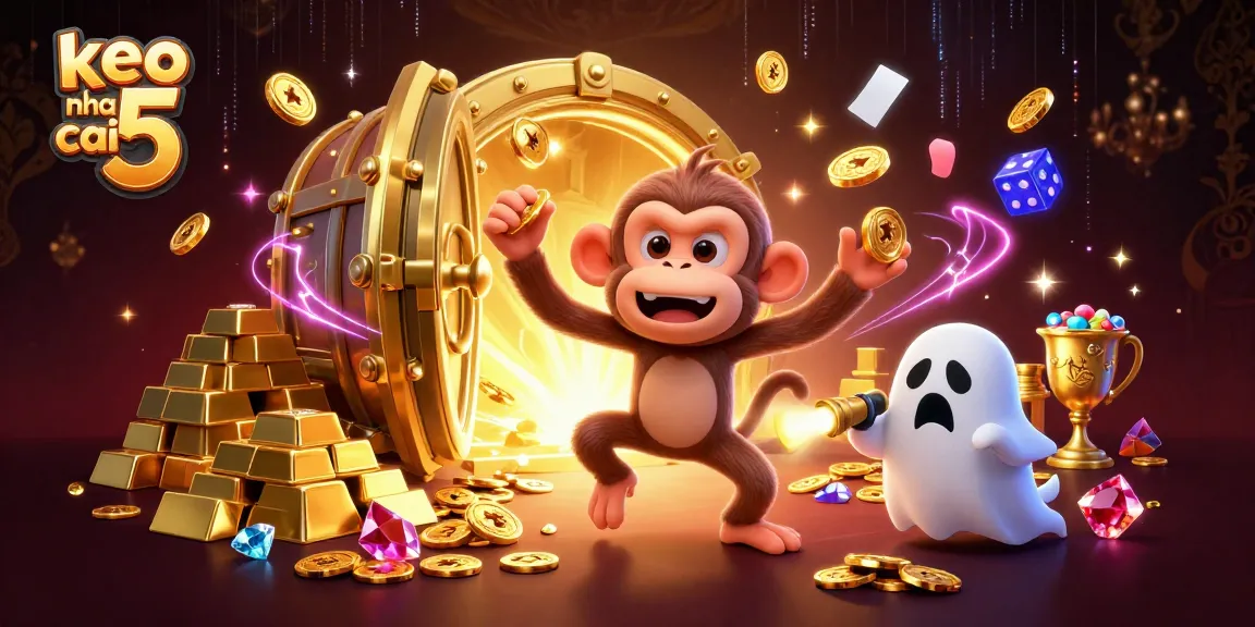 Engage with the thrilling keo nha cai 5 experience witnessing a playful poltergeist monkey juggling golden treasures in a haunted casino.