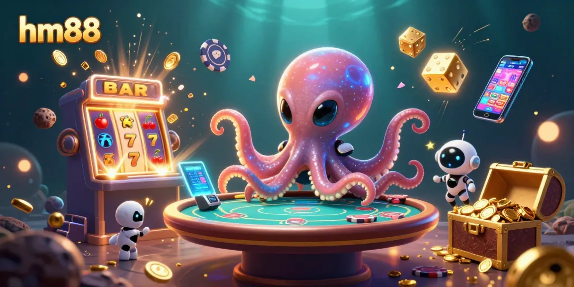 Experience exciting gaming at HM88 with a vibrant 3D casino scene featuring alien characters at a poker table.