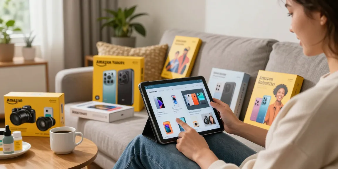 Discovering Amazon Rabatte while shopping online in a cozy living room.