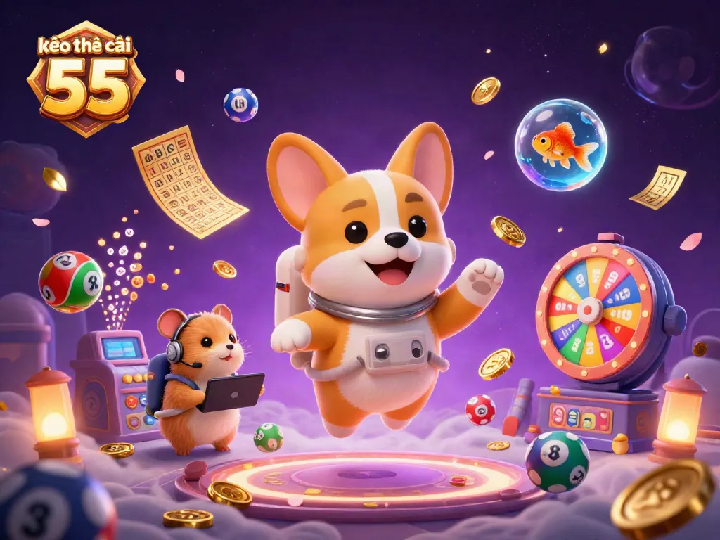 Play kèo nhà cái 55 with a dynamic space casino scene featuring a floating corgi and colorful game elements.