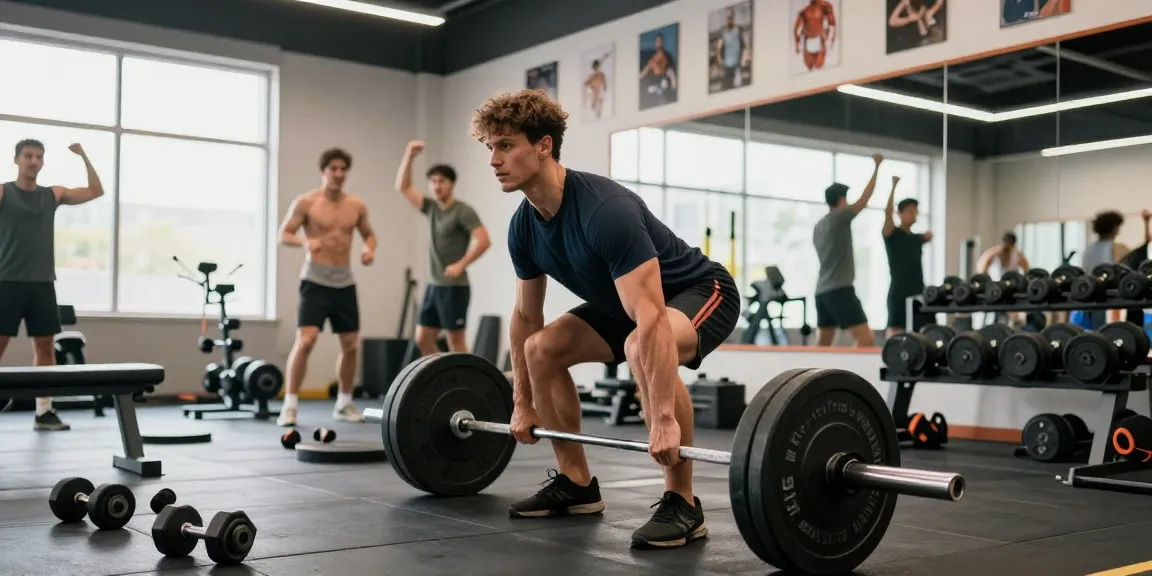 Training im Anabolika-Shop: Bodybuilder beim Deadlift-Workout mit motivierenden Freunden im Hintergrund.