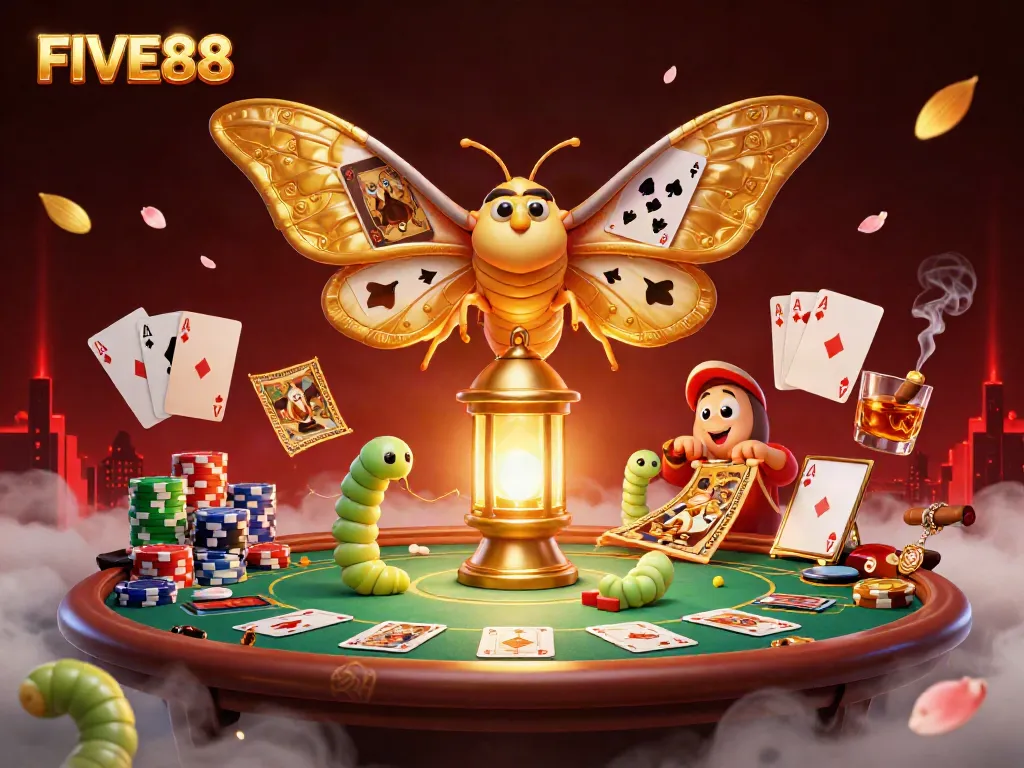 Join the excitement at FIVE88 with a vibrant illustration of a casino scene featuring dynamic characters and rich gaming elements.