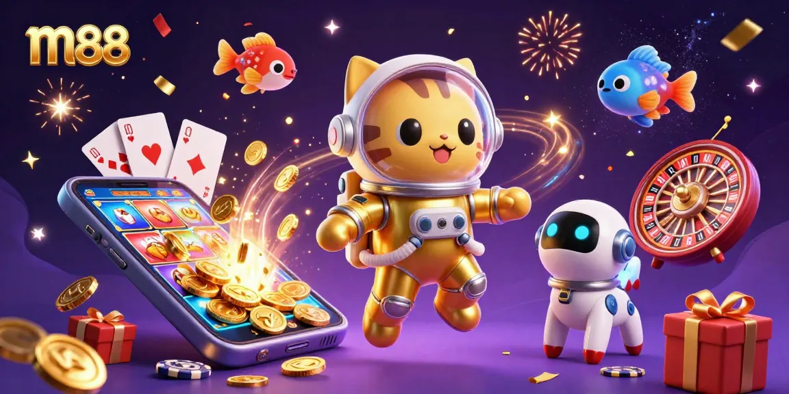Spin and win at m88 with an exciting illustration of a space cat and gaming elements.