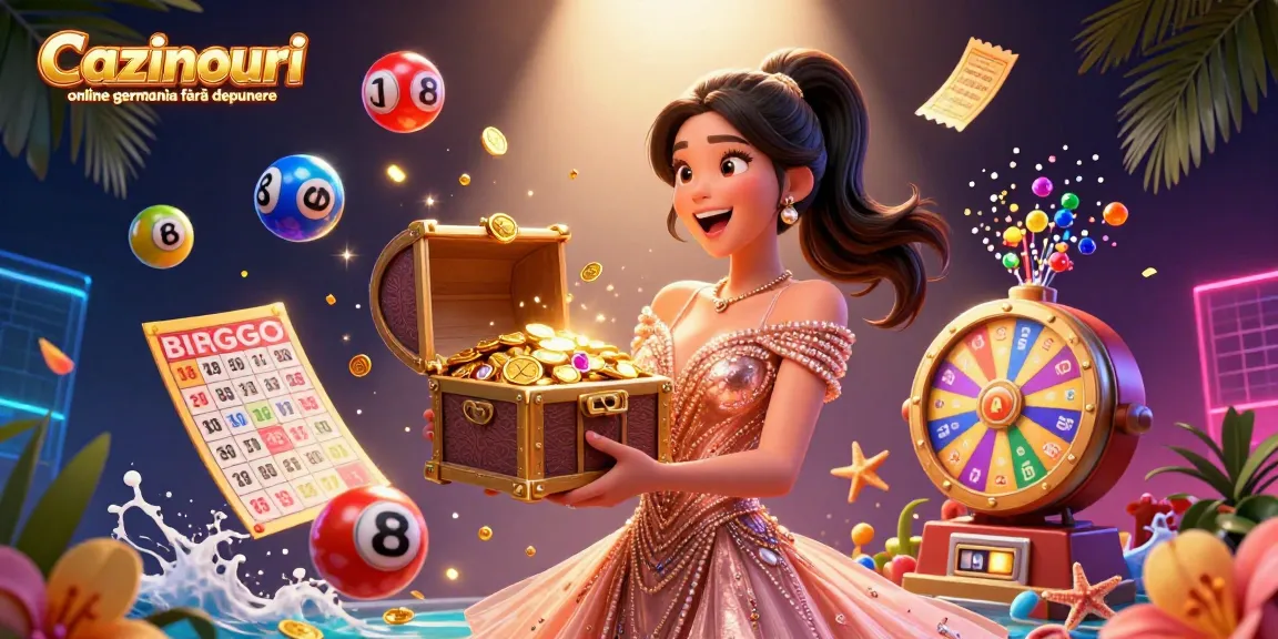 Cazinouri online germania fără depunere, showcasing an Asian woman in a dazzling gown presenting a treasure chest full of riches amidst vibrant gambling elements.