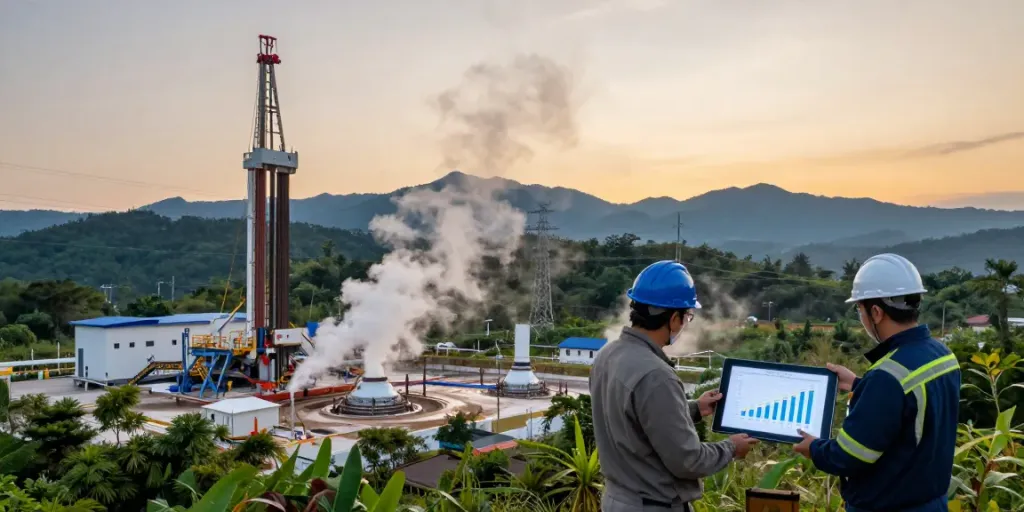 Geothermie-Technologien und Ingenieure besprechen nachhaltige Energielösungen in einer natürlichen Umgebung.