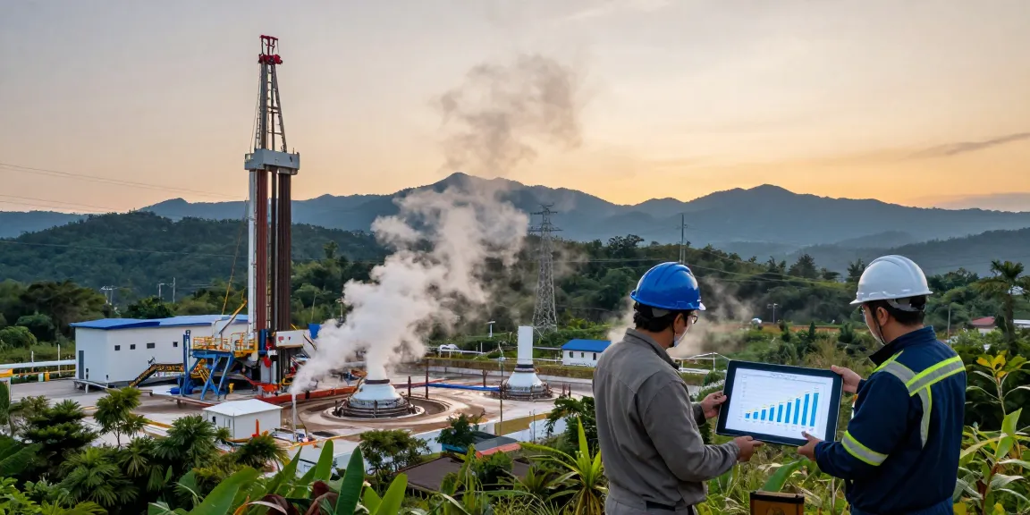 Geothermie-Technologien und Ingenieure besprechen nachhaltige Energielösungen in einer natürlichen Umgebung.