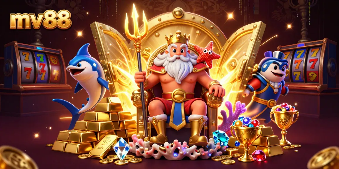 Experience the magical realm of mv88 casino with Neptune and treasure in vibrant 3D illustration.