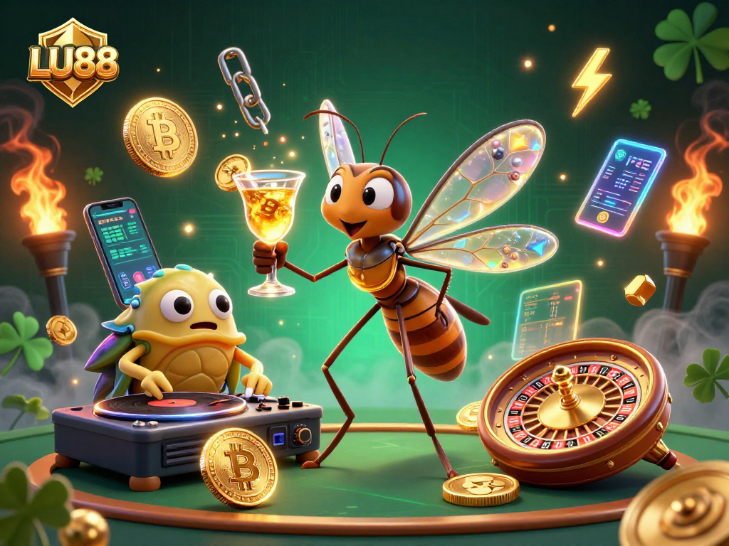 Engage with LU88's thrilling casino experience featuring a lively mascot with a golden cocktail and dynamic gambling elements.