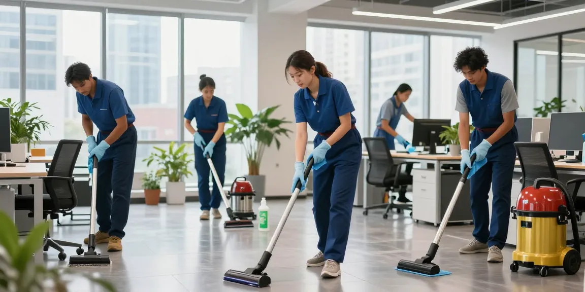 Professionelle Gebäudereinigung Düsseldorf mit einem Team von Reinigungskräften, die effizient und nachhaltig in einem modernen Büro arbeiten.