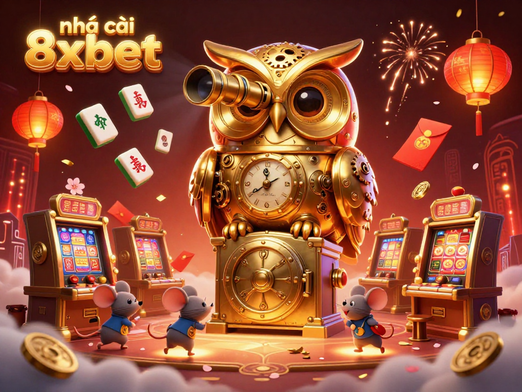Experience the excitement at nhà cái 8xbet as a golden owl watches over bustling casino patrons with vibrant gaming elements.
