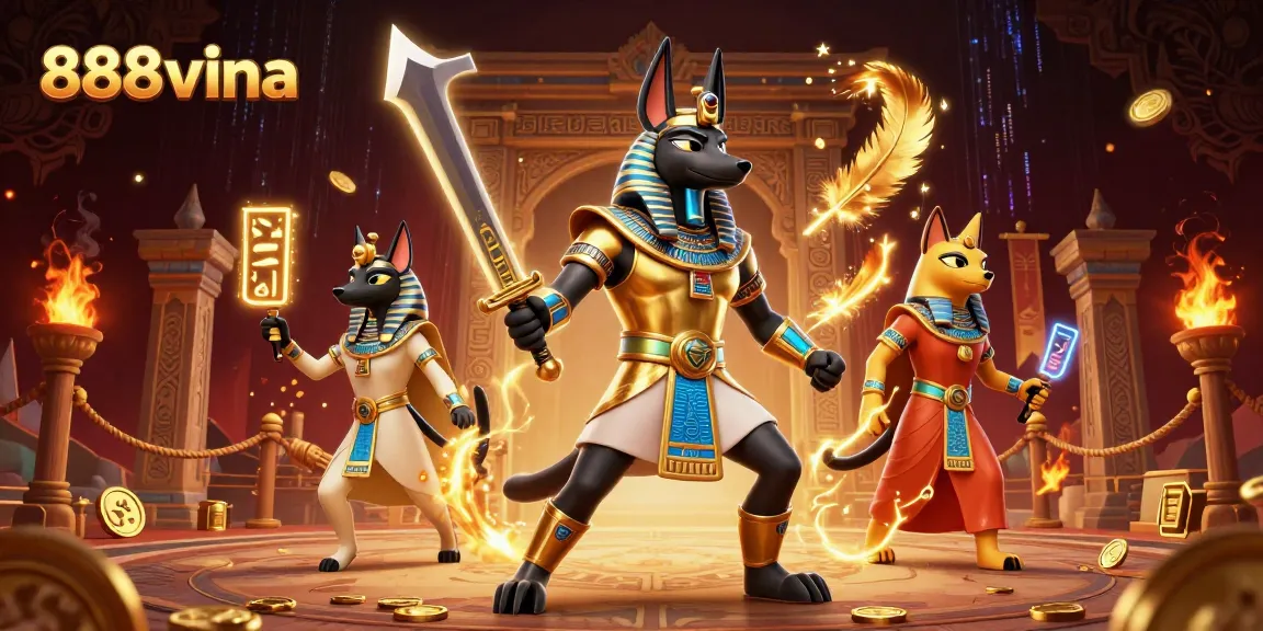 Experience the exciting world of 888vina with Anubis and Bastet in a vibrant, immersive casino scene.