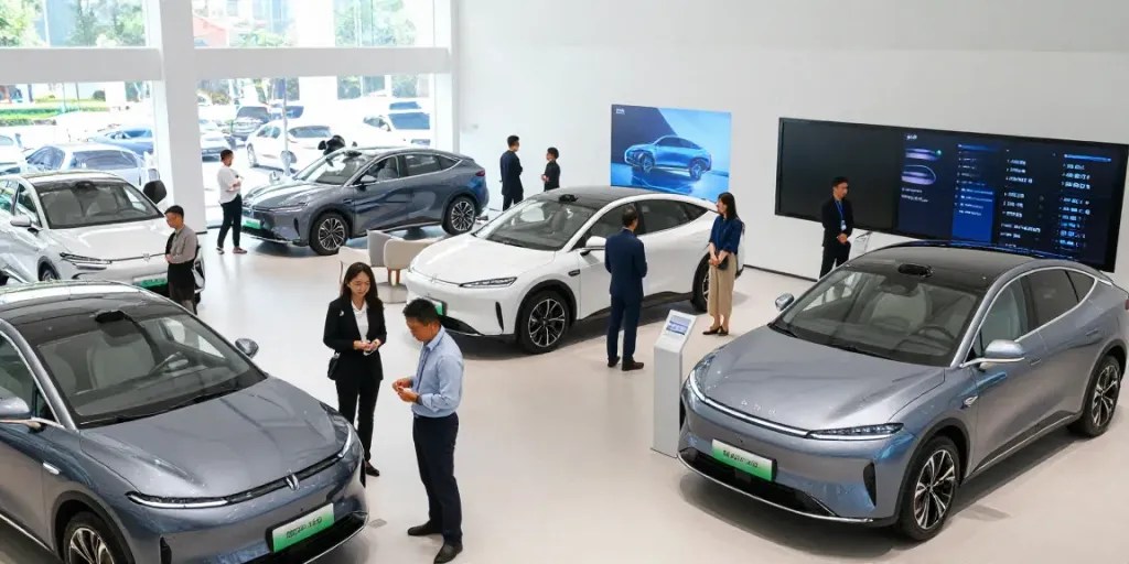 Experience the latest electric vehicles at situs 7meter's modern showroom with engaging interactions.