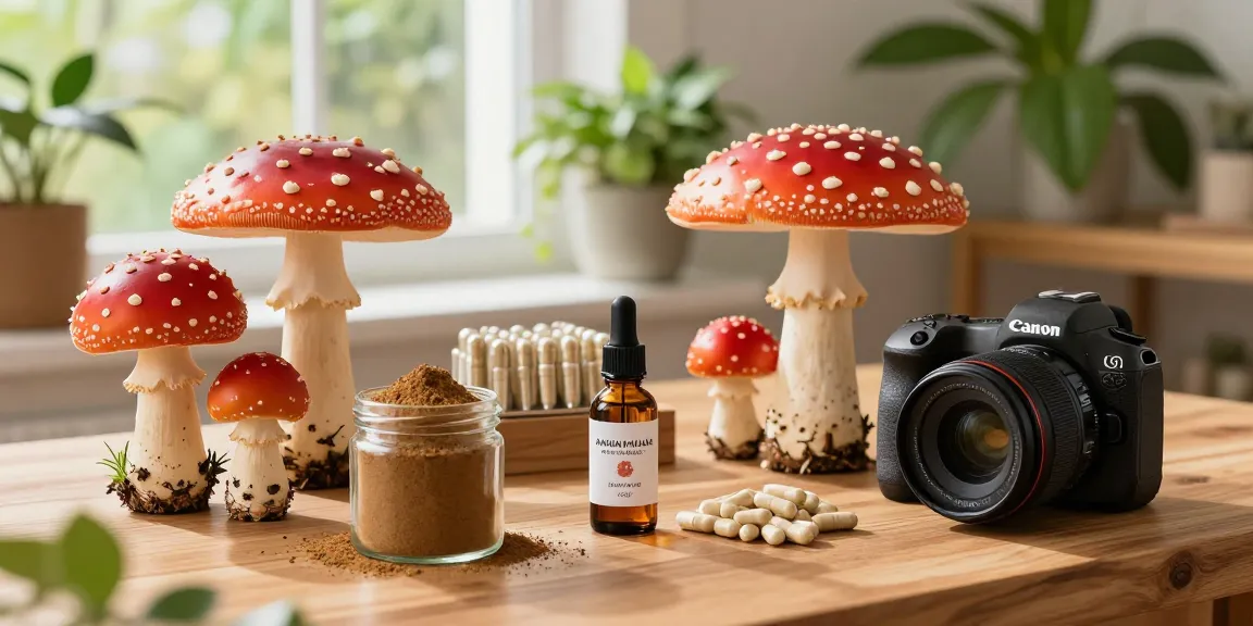 Amanita muscaria kaufen - lebendige Pilzprodukte zum Verkauf, die Pulver, Kapseln und Tinkturen in einer natürlichen Umgebung präsentieren.