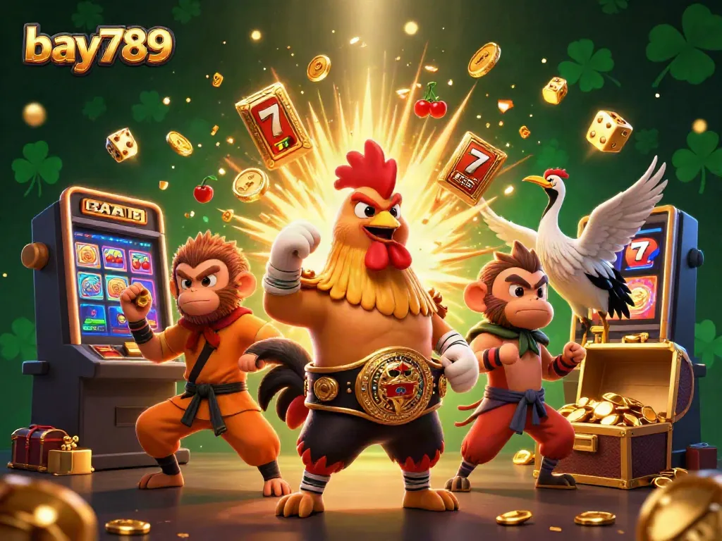 Experience excitement with bay789’s vibrant 3D cartoon scene featuring slot machine jackpots and heroic characters.