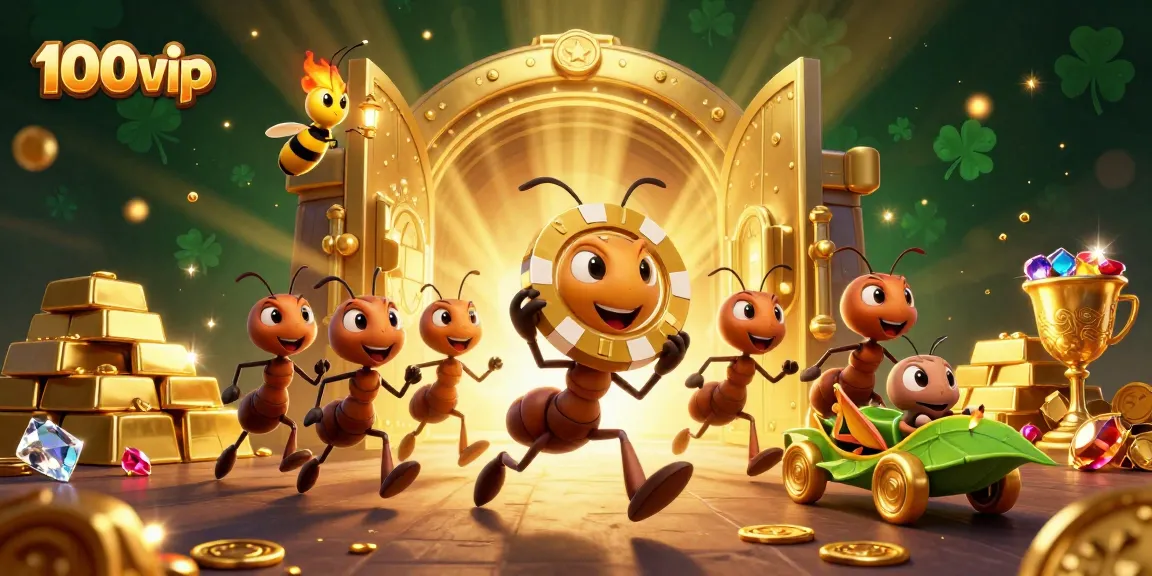 100vip ants heisting a giant poker chip in an ultra-detailed casino illustration.