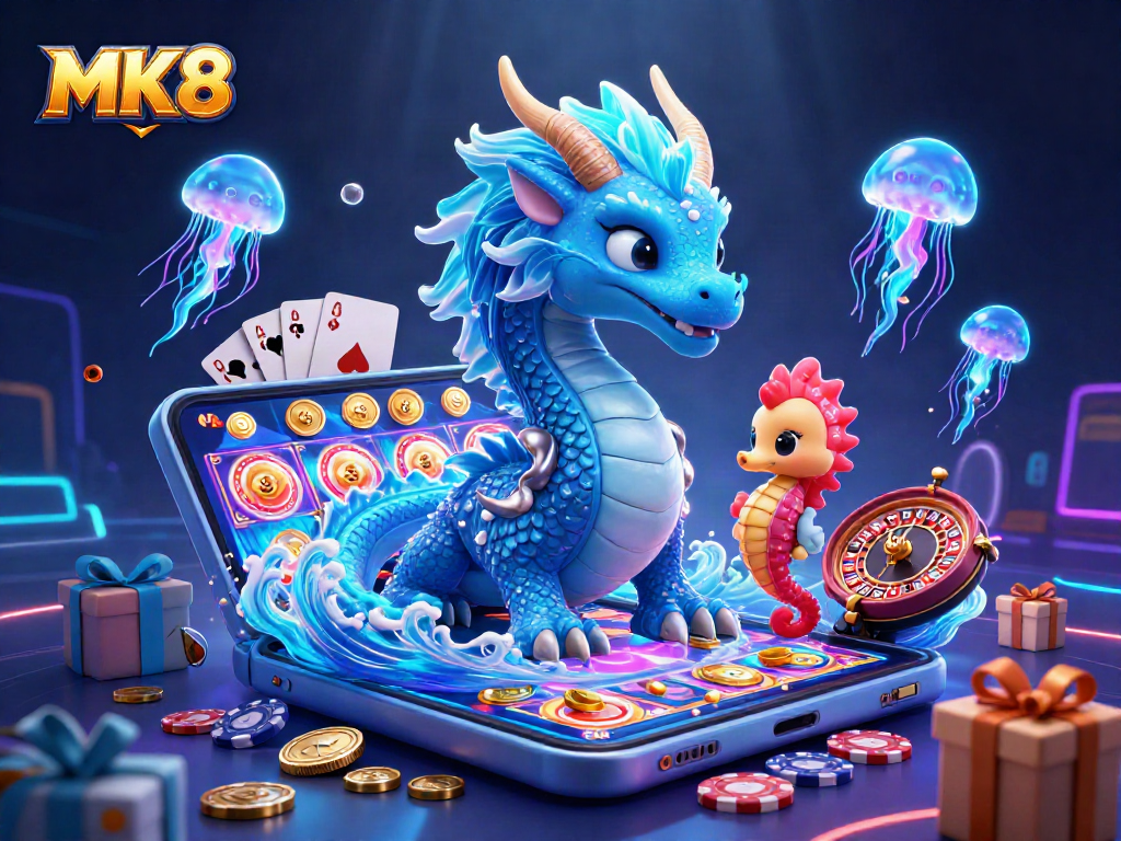 Engage with MK8 slots in a vibrant, underwater-themed 3D illustration filled with excitement.