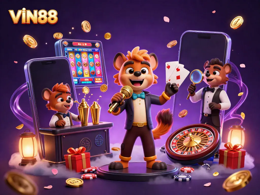 VIN88 showcases a vibrant casino scene with animated hyenas in a comedic setting, complete with gaming elements.