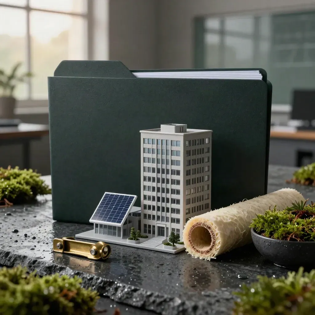 Carbon-Audit-Stillleben mit Modellhaus, Solarpanel, Dämmrohr und Moos bei Regenlicht
