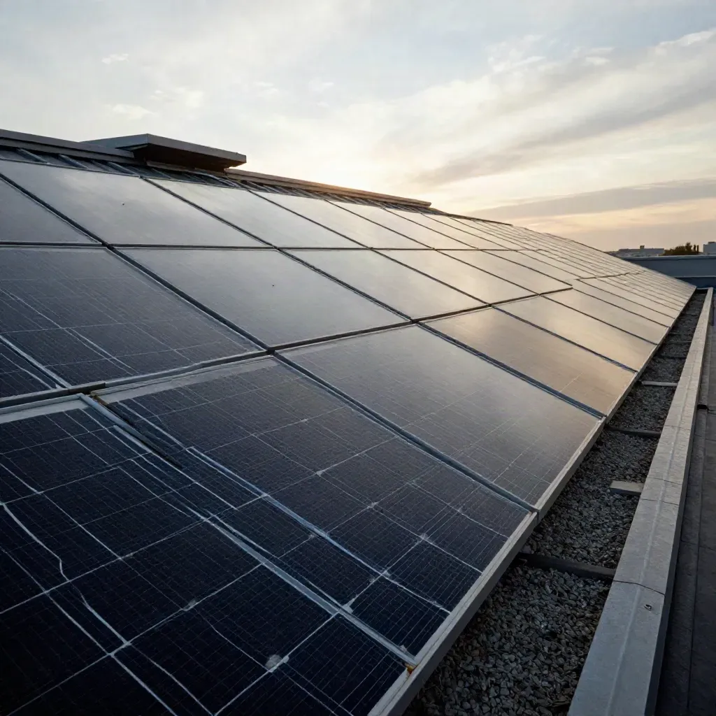Solarmodule auf flach geneigtem Dach im Sonnenlicht, mit Dachausstieg und Lüftungsrohr.