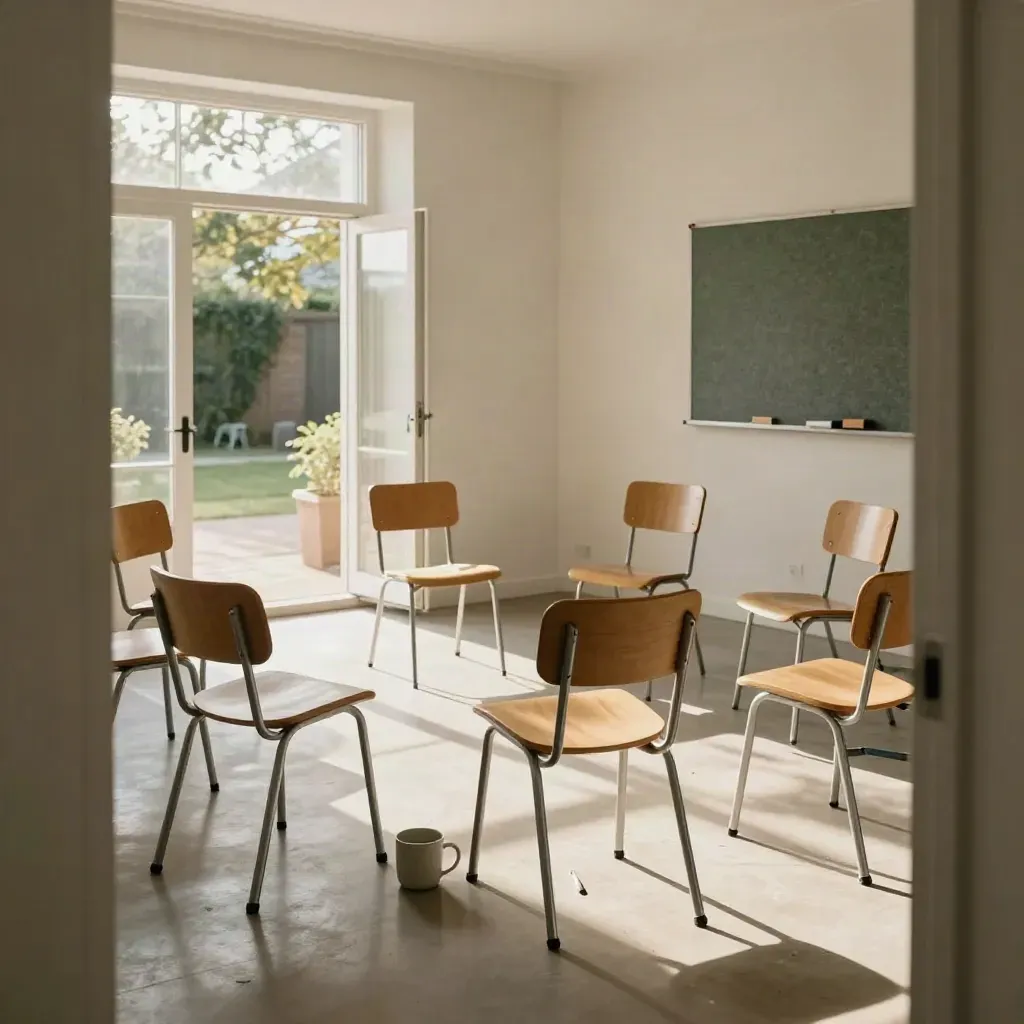 Leerer Workshopraum mit Stuhlkreis, Tassen, Markern und offenem Fenster im warmen Licht.