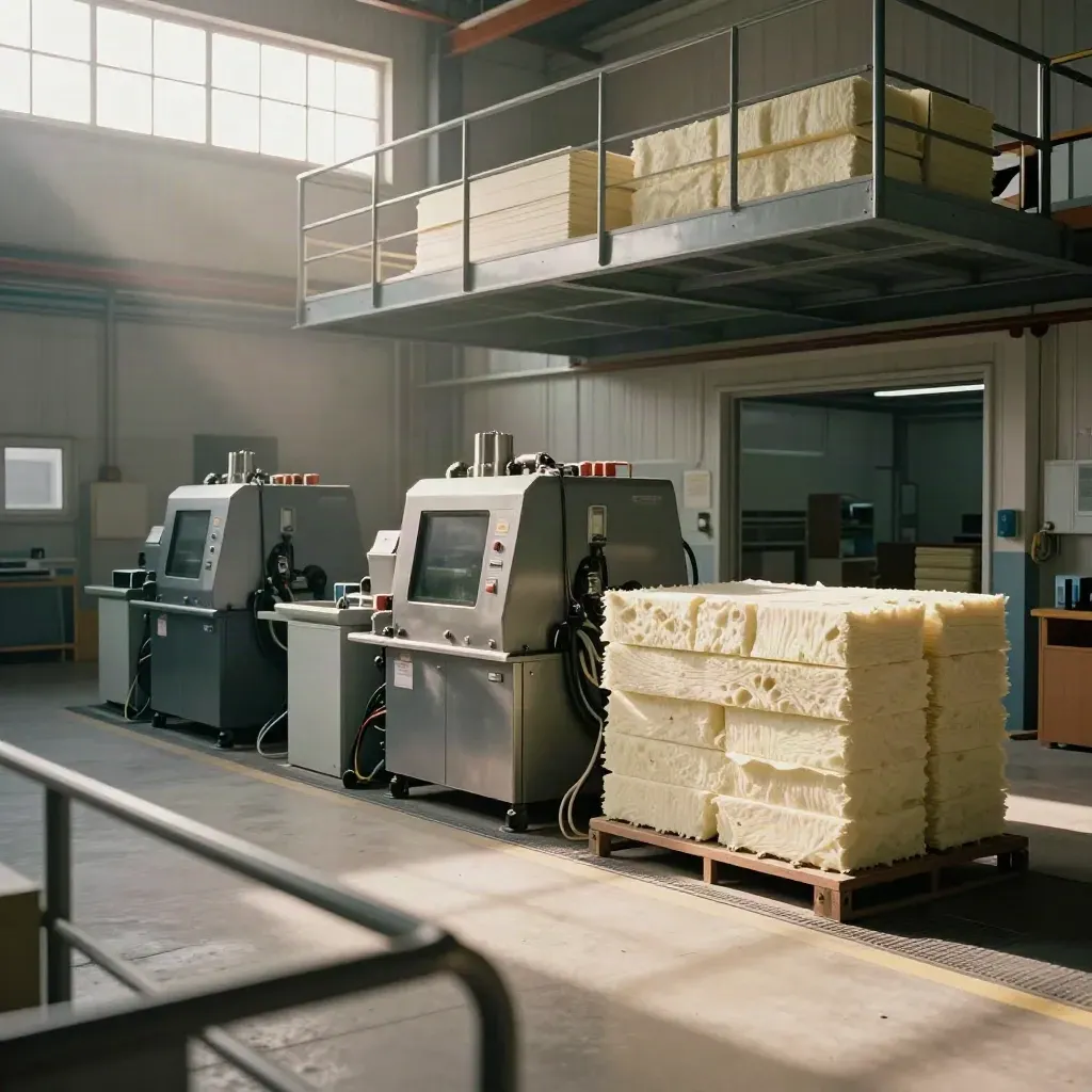 Blick von oben auf eine Produktionshalle mit Maschinen, Dämmplatten und klaren Laufwegen.