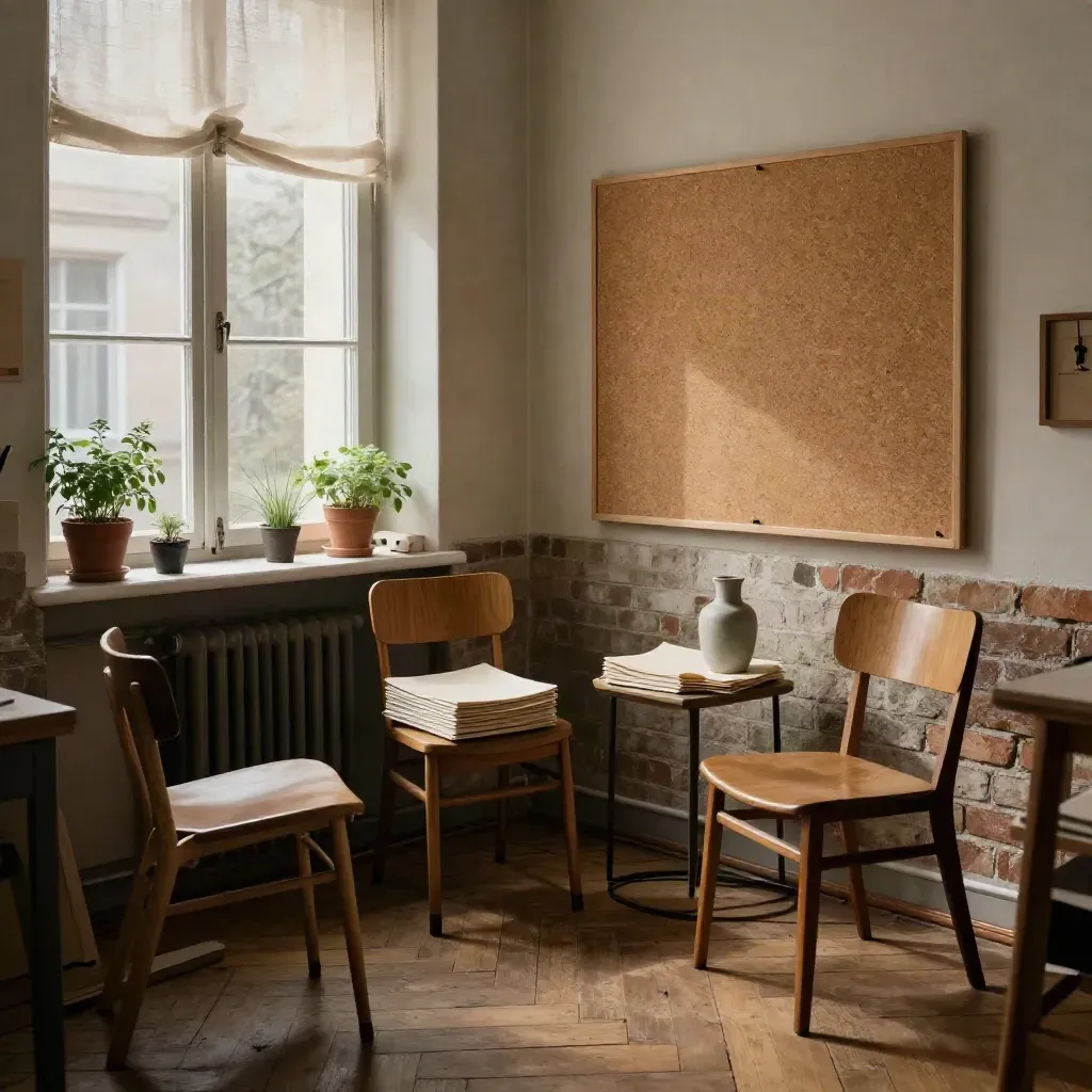 Berliner Workshopraum mit Backstein, offenen Fenstern, Stühlen und Pinboard im Frühlingslicht