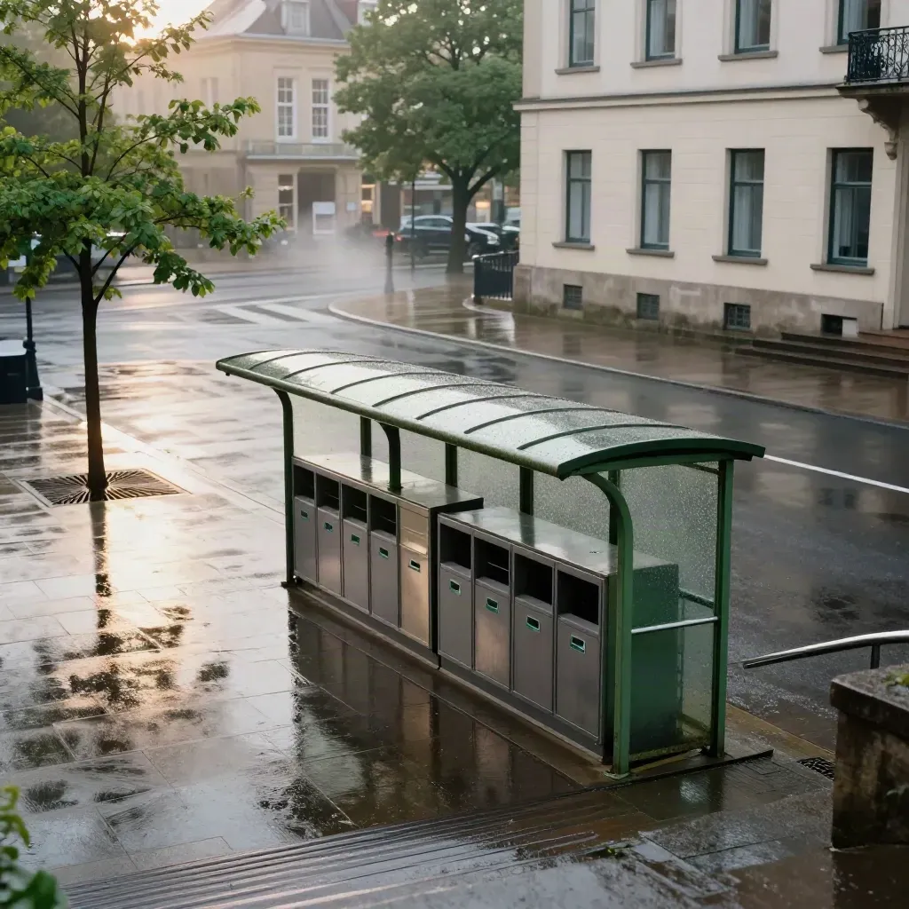 Kommunaler Platz nach Regen mit Fahrradunterstand, Bäumen, Recyclingpunkt und Rathausfassade.