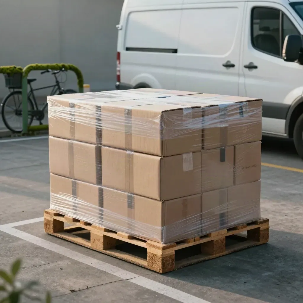 Frühmorgendliche Wareneingangszone mit Kartonstapeln, E-Transporter und Fahrradständer im Nebel.