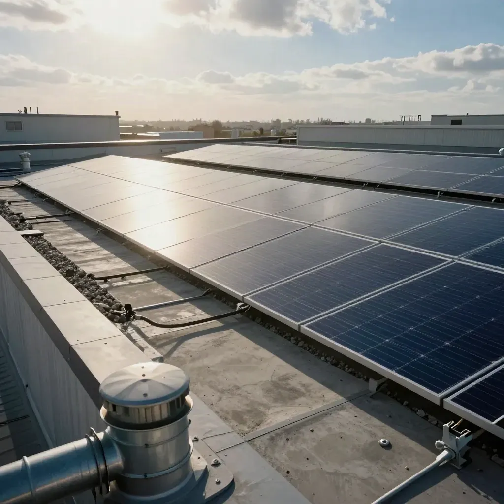 Schräger Blick über ein Flachdach mit Solarmodulen, Kiesrand und Lüftungsrohren im Sonnenbruch.