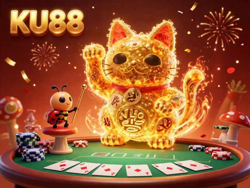 Experience the thrill of KU88's casino world with a vibrant lucky cat and dynamic poker scene.